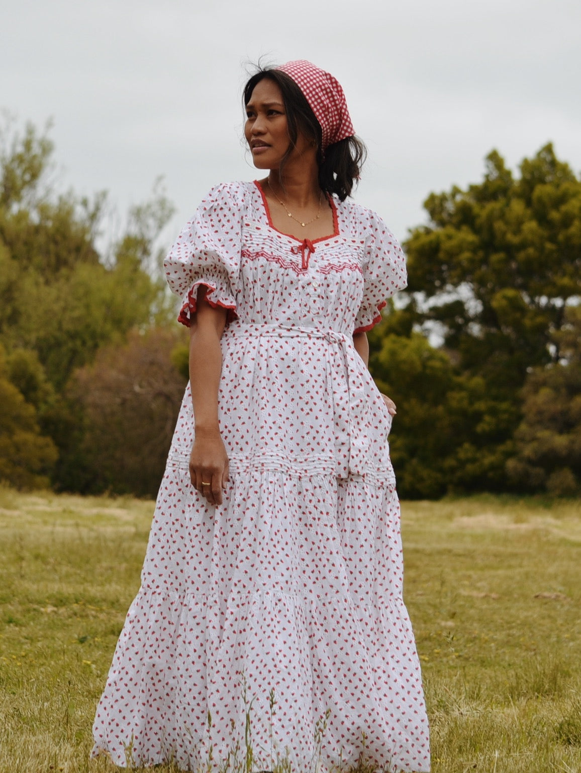 PREORDER - 100% RECYCLED COTTON - MORNING SONG HAND SMOCKED TIERED DRESS - STRAWBERRY EMBROIDERED COTTON