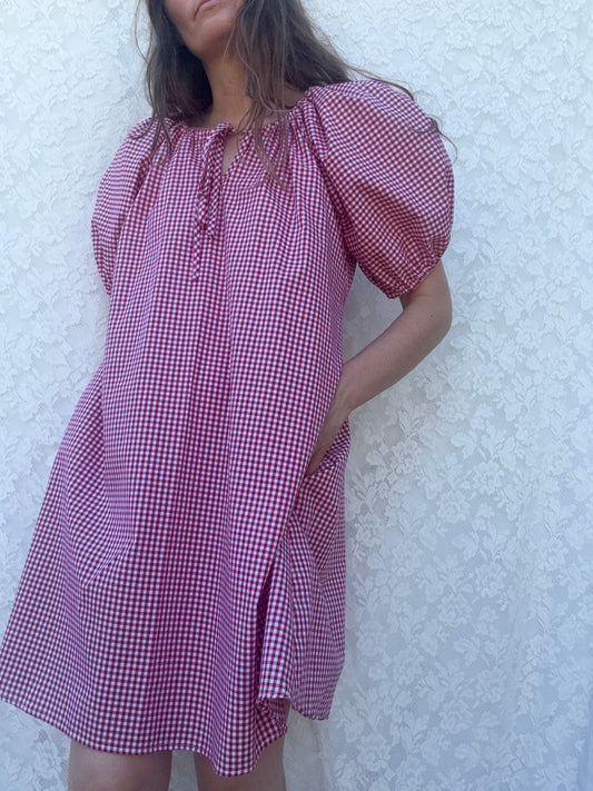 POPPY SMOCK DRESS RED GINGHAM COTTON