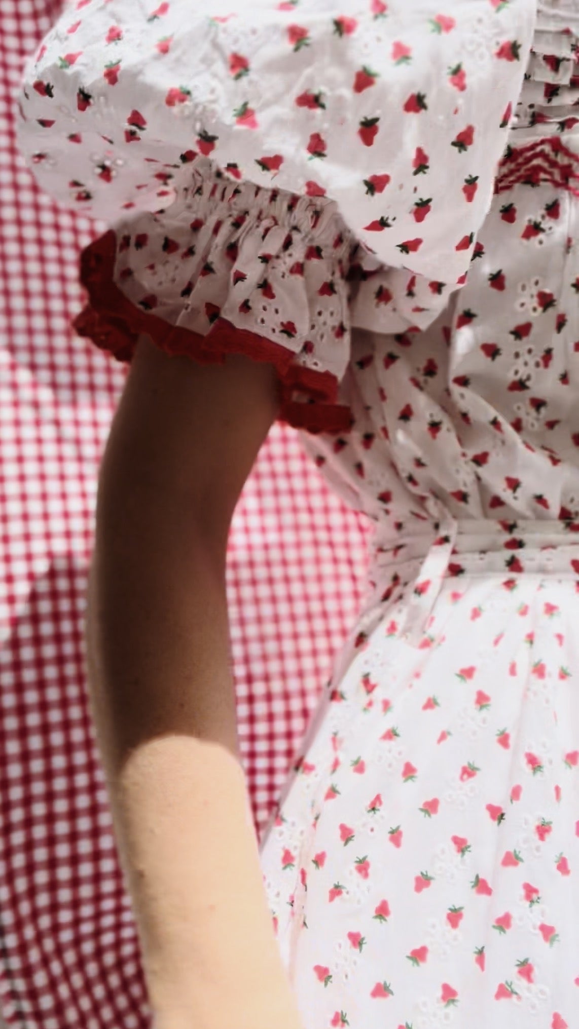 PREORDER - 100% RECYCLED COTTON - MORNING SONG HAND SMOCKED TIERED DRESS - STRAWBERRY EMBROIDERED COTTON