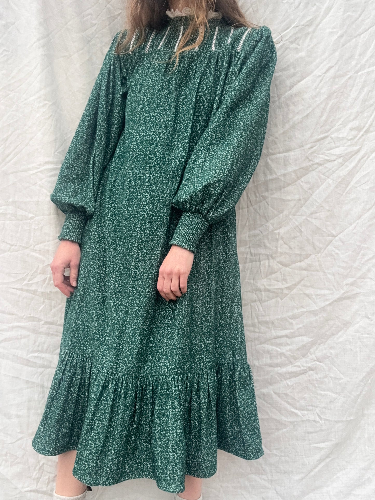 PRELOVED - 100% RECYCLED COTTON CORDUROY - CLOTHILDE DRESS FOREST GREEN MIDI XS