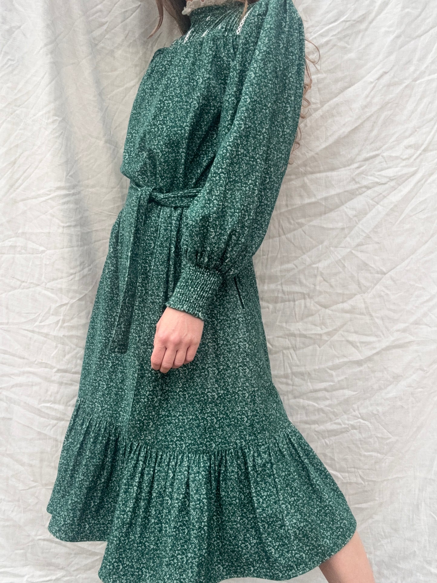 PRELOVED - 100% RECYCLED COTTON CORDUROY - CLOTHILDE DRESS FOREST GREEN MIDI XS