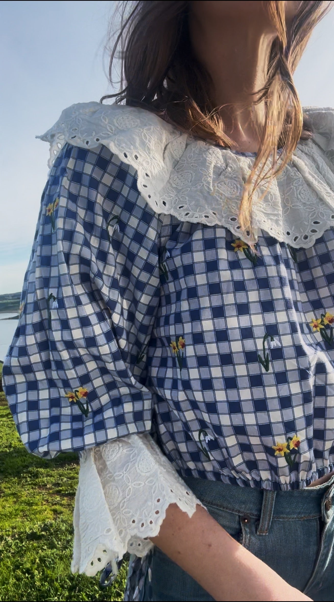 100% RECYCLED COTTON - MARTHA BLUE GINGHAM BLOUSE