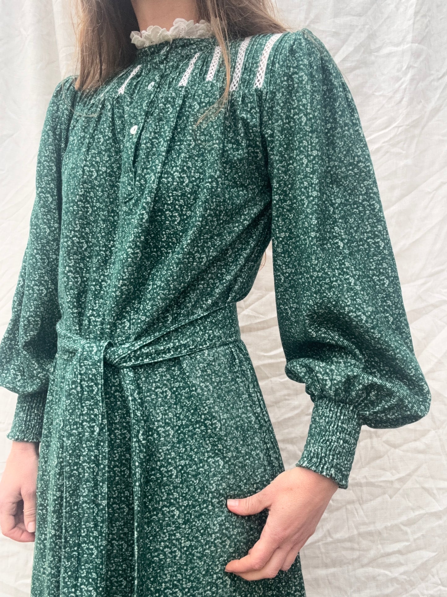 PRELOVED - 100% RECYCLED COTTON CORDUROY - CLOTHILDE DRESS FOREST GREEN MIDI XS