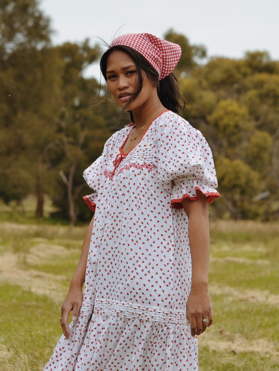 PREORDER - 100% RECYCLED COTTON - MORNING SONG HAND SMOCKED TIERED DRESS - STRAWBERRY EMBROIDERED COTTON