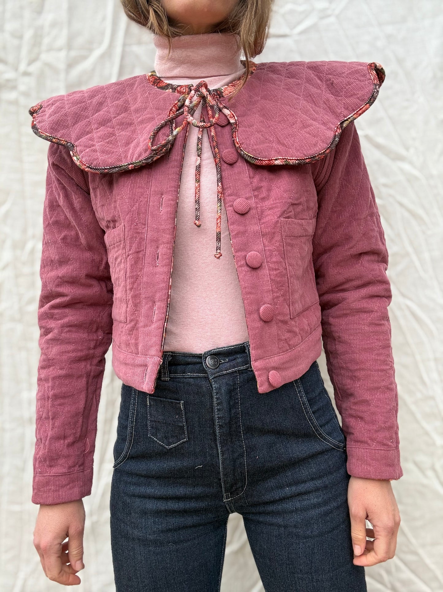 PREORDER - 100% RECYCLED COTTON CORDUROY - PEMBROKE CROP REVERSIBLE QUILTED JACKET/VEST FLORAL