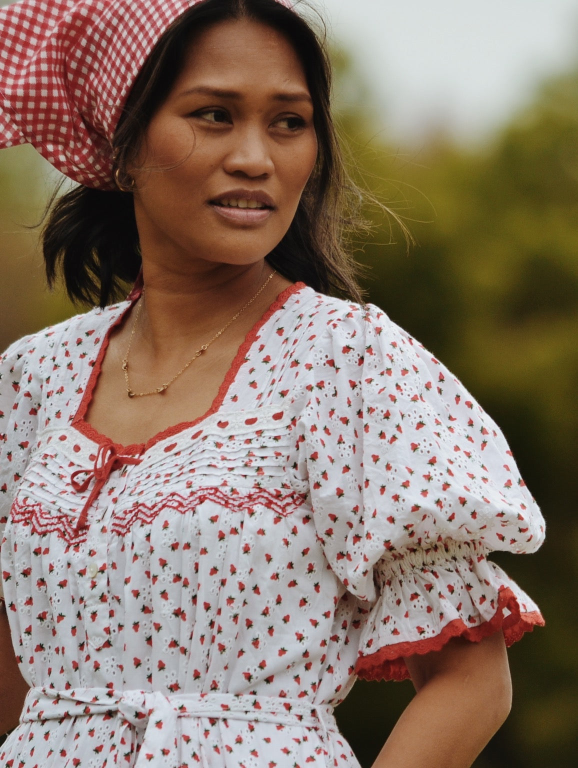 PREORDER - 100% RECYCLED COTTON - MORNING SONG HAND SMOCKED TIERED DRESS - STRAWBERRY EMBROIDERED COTTON