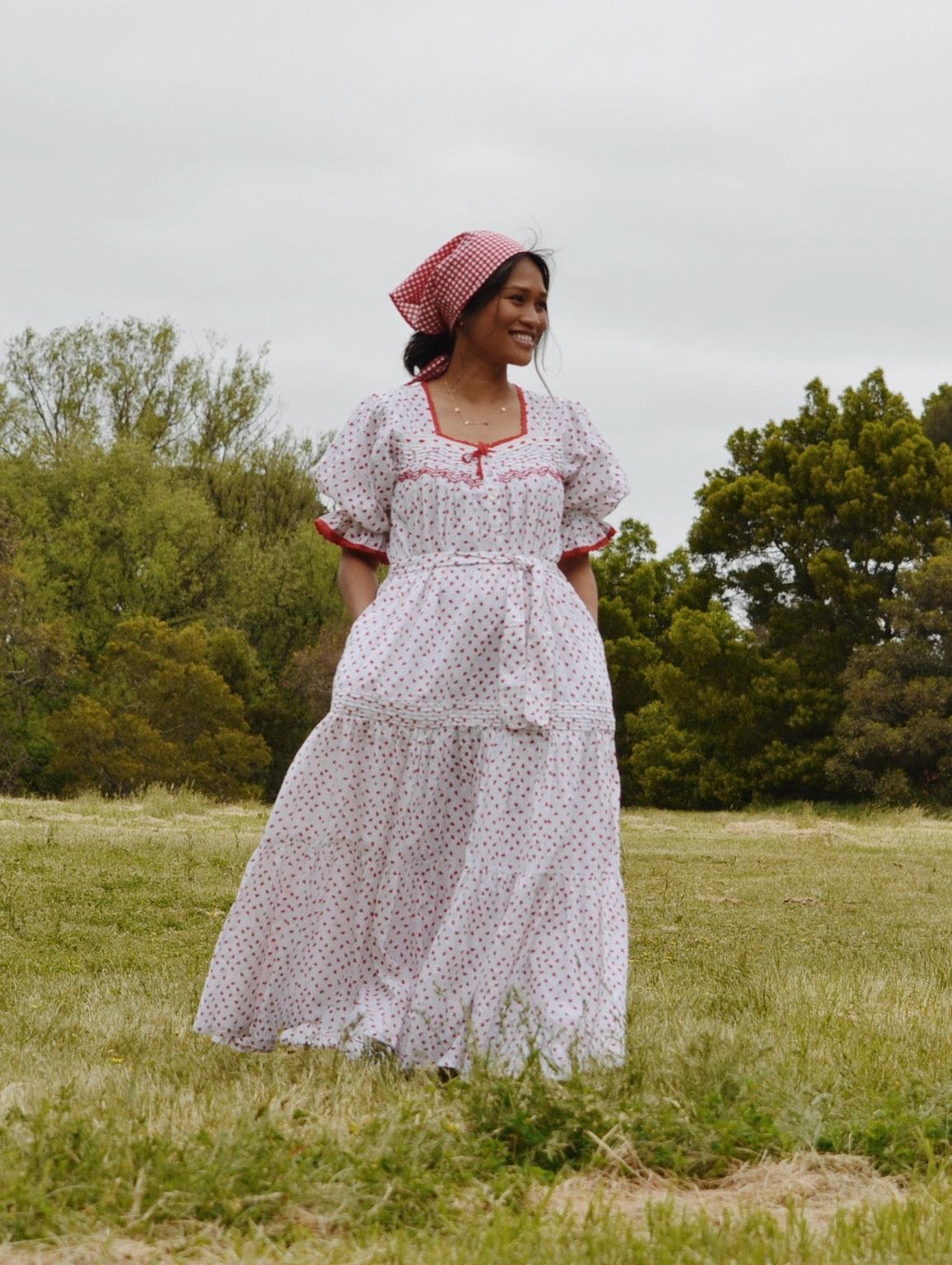 READY TO SHIP - 100% RECYCLED COTTON - MORNING SONG HAND SMOCKED TIERED DRESS - STRAWBERRY EMBROIDERED COTTON