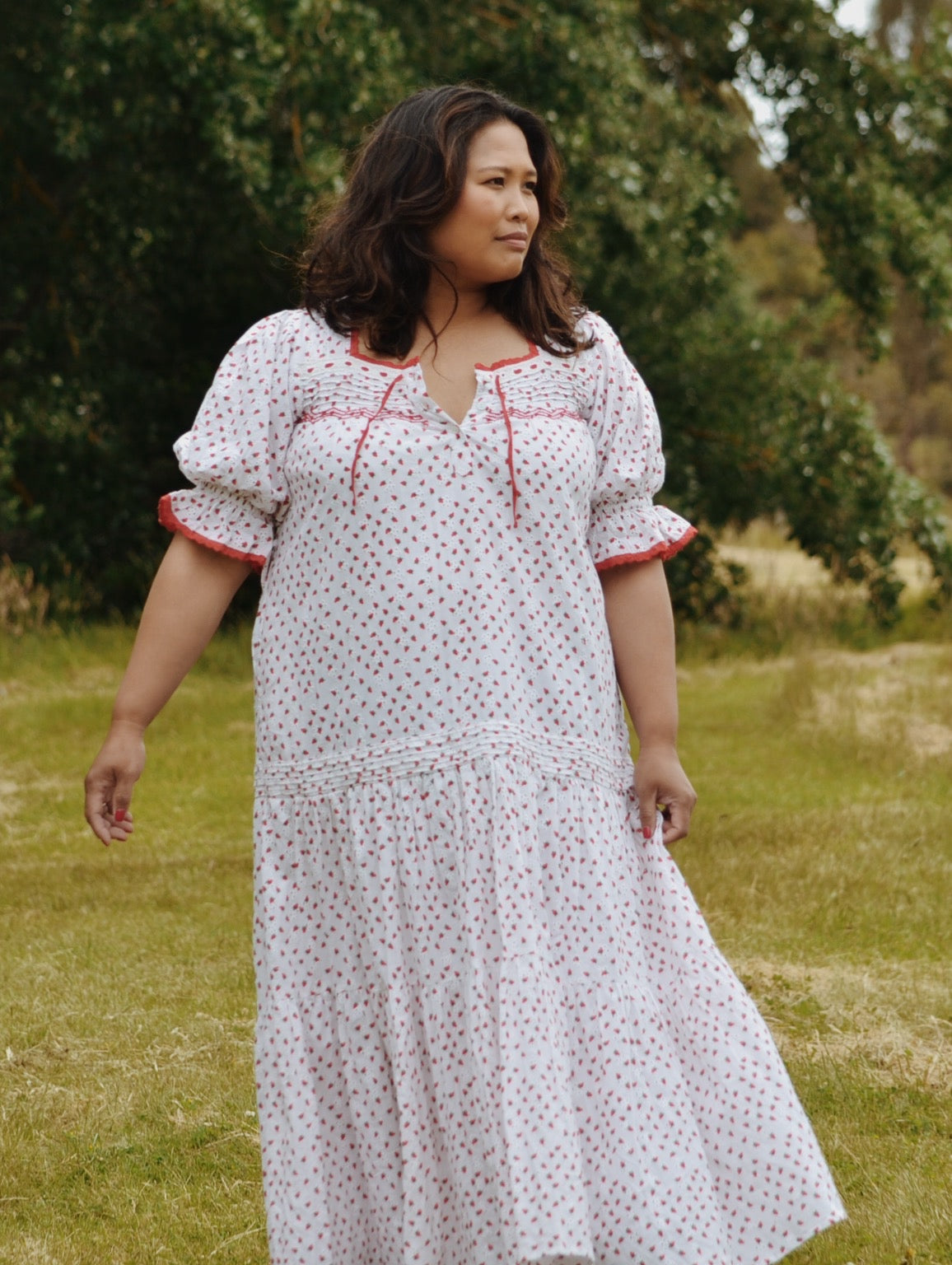 PREORDER - 100% RECYCLED COTTON - MORNING SONG HAND SMOCKED TIERED DRESS - STRAWBERRY EMBROIDERED COTTON