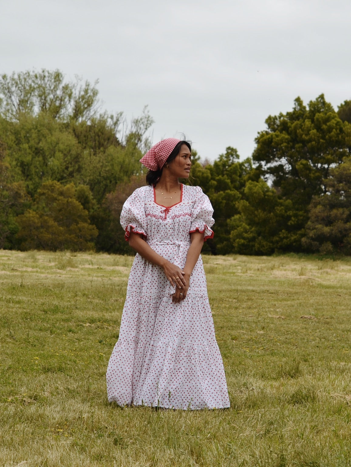 PREORDER - 100% RECYCLED COTTON - MORNING SONG HAND SMOCKED TIERED DRESS - STRAWBERRY EMBROIDERED COTTON