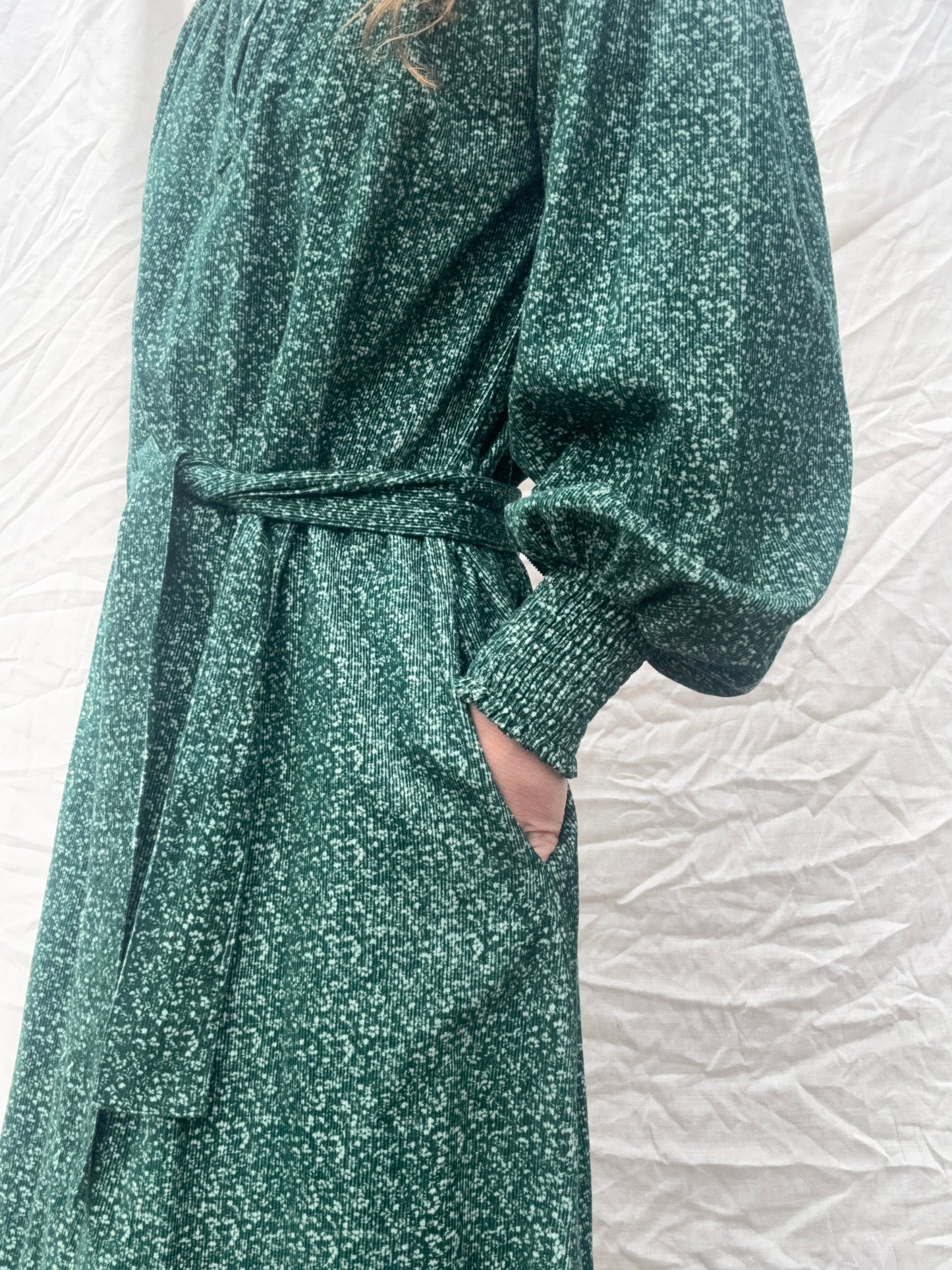PRELOVED - 100% RECYCLED COTTON CORDUROY - CLOTHILDE DRESS FOREST GREEN MIDI XS