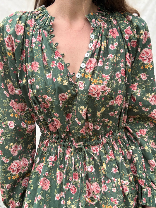 PRELOVED 100% RECYCLED COTTON - PRAIRIE DRESS DARK SAGE ROSE SMALL