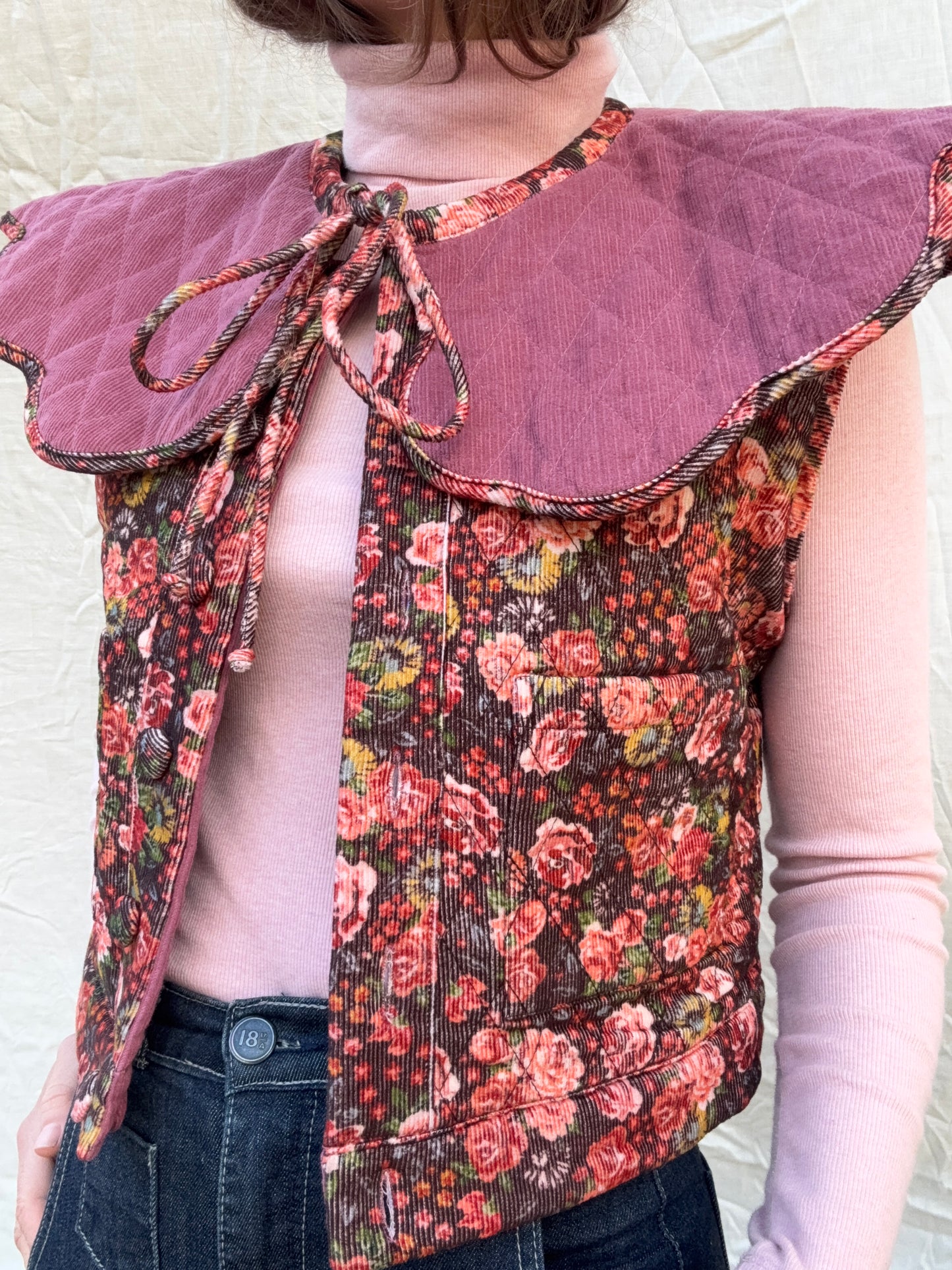 PREORDER - 100% RECYCLED COTTON CORDUROY - PEMBROKE CROP REVERSIBLE QUILTED JACKET/VEST FLORAL