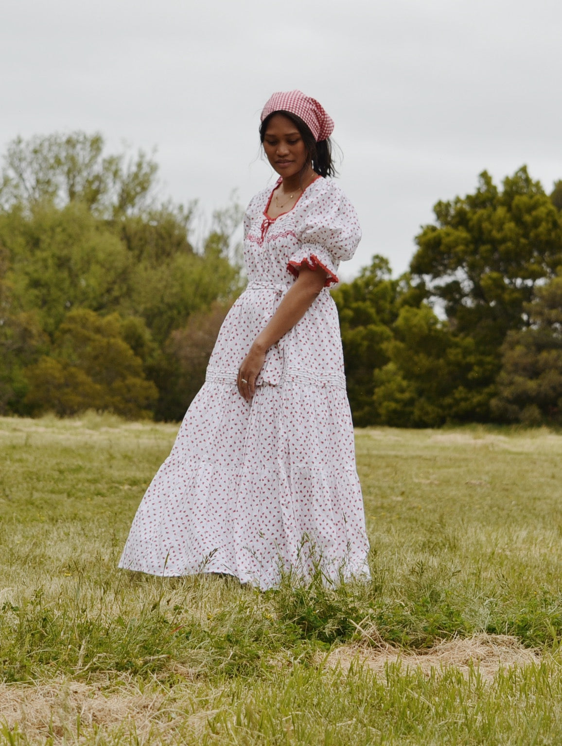 PREORDER - 100% RECYCLED COTTON - MORNING SONG HAND SMOCKED TIERED DRESS - STRAWBERRY EMBROIDERED COTTON