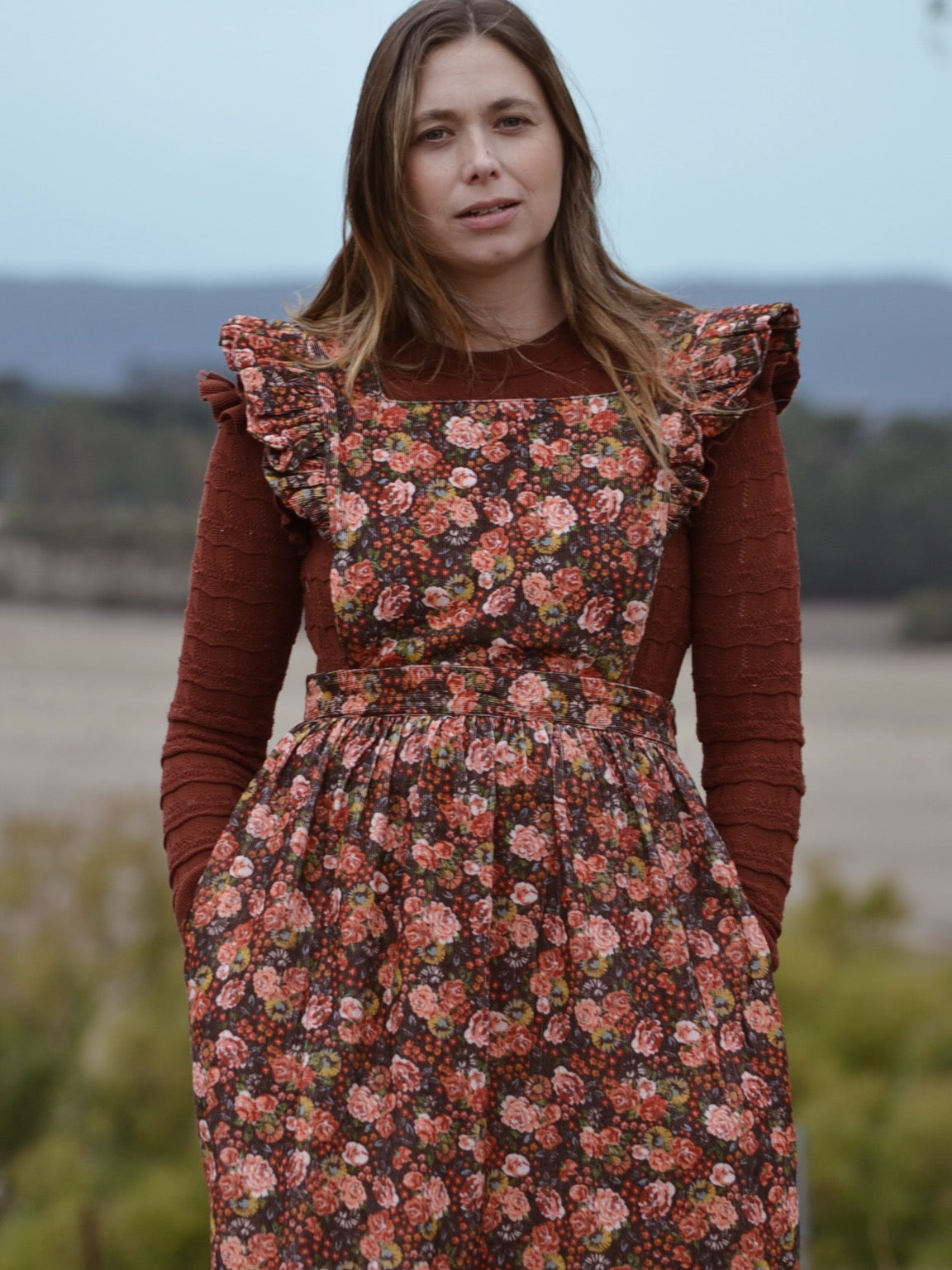 100% RECYCLED COTTON - AUTUMNAL ANOUK RUFFLE PINAFORE/SKIRT CORDUROY