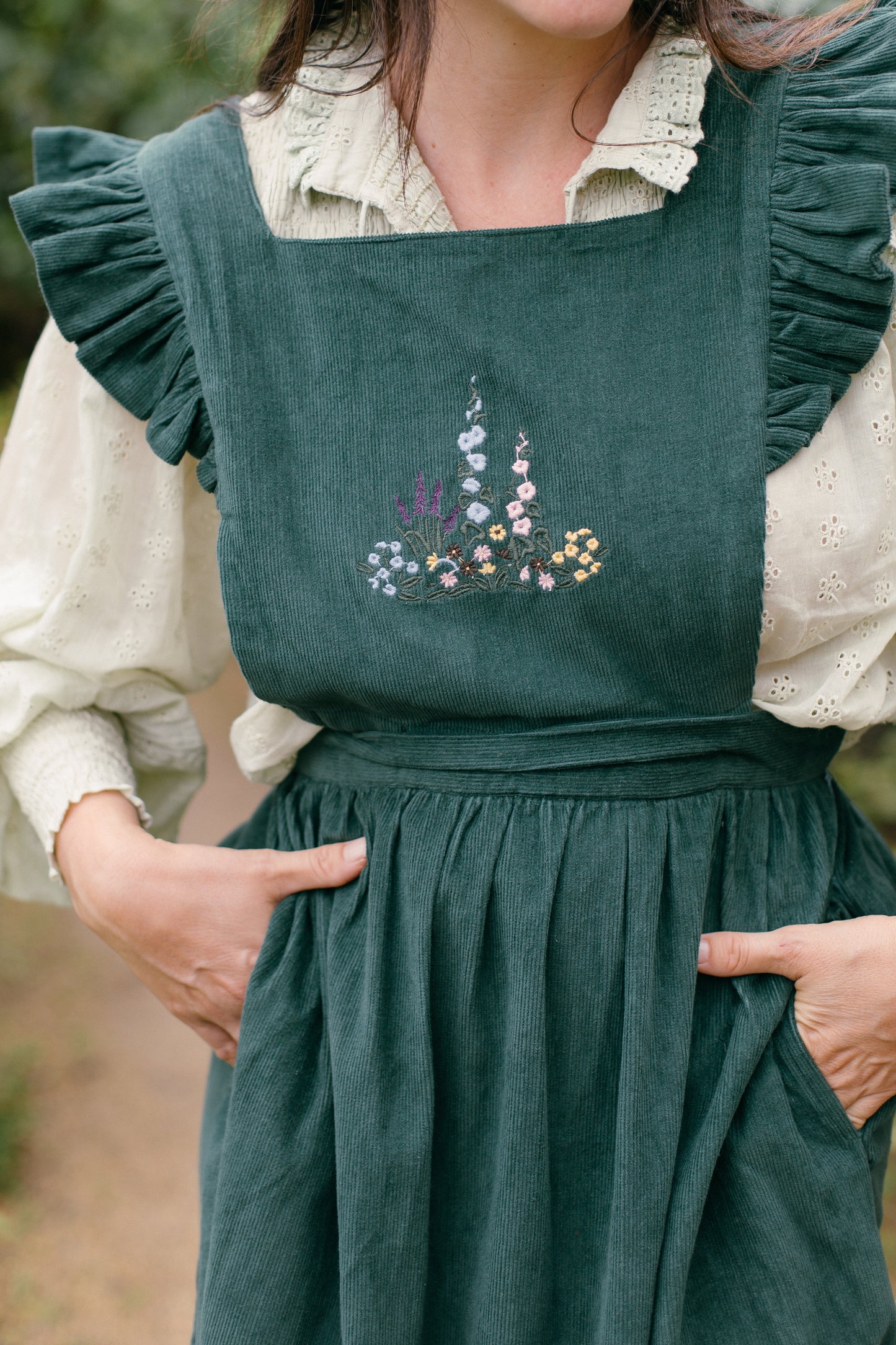 100% RECYCLED COTTON - ANOUK RUFFLE PINAFORE/SKIRT CORDUROY FOREST GREEN