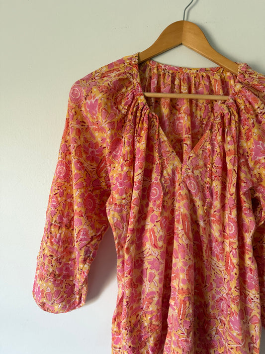 PRELOVED - 100% HAND BLOCKED COTTON - SMOCK BLOUSE SMALL - MEDIUM