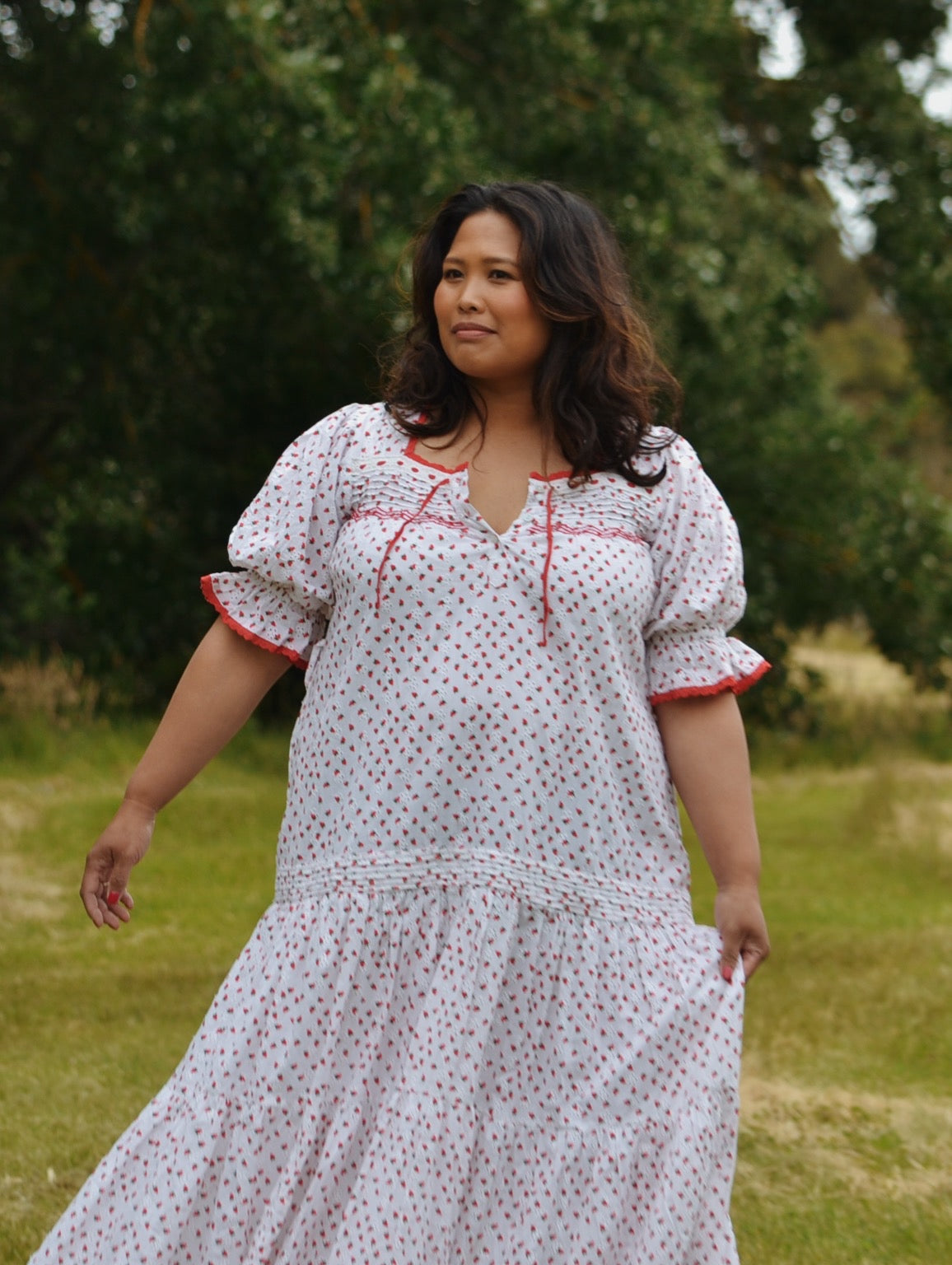 PREORDER - 100% RECYCLED COTTON - MORNING SONG HAND SMOCKED TIERED DRESS - STRAWBERRY EMBROIDERED COTTON