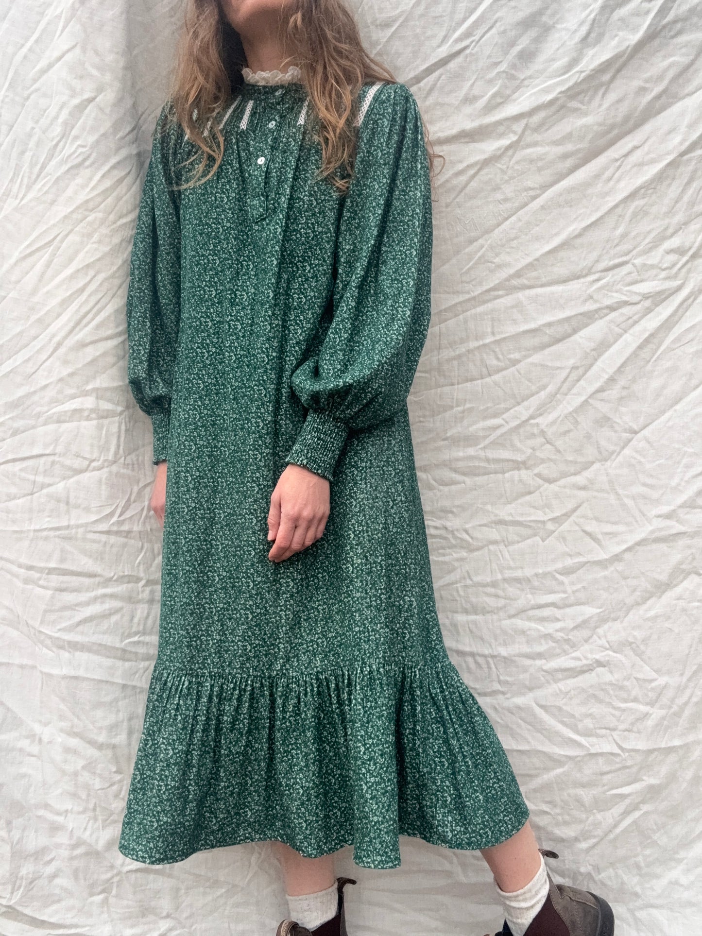PRELOVED - 100% RECYCLED COTTON CORDUROY - CLOTHILDE DRESS FOREST GREEN MIDI XS