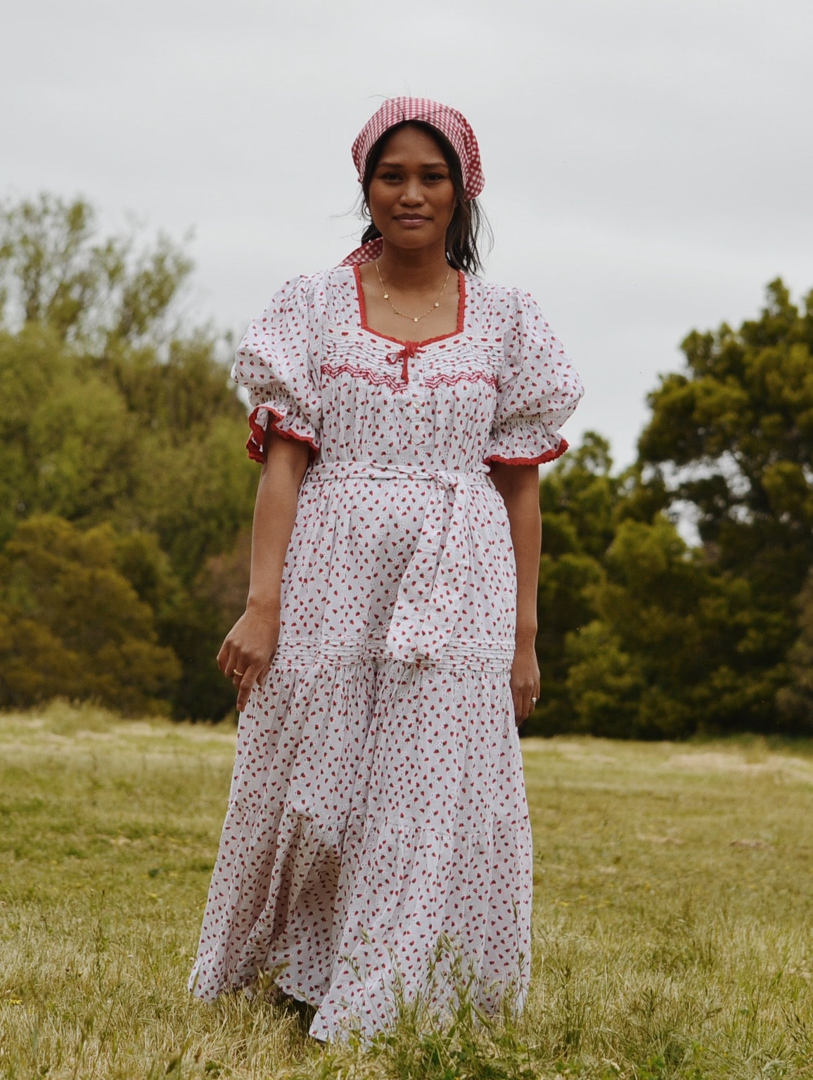PREORDER - 100% RECYCLED COTTON - MORNING SONG HAND SMOCKED TIERED DRESS - STRAWBERRY EMBROIDERED COTTON