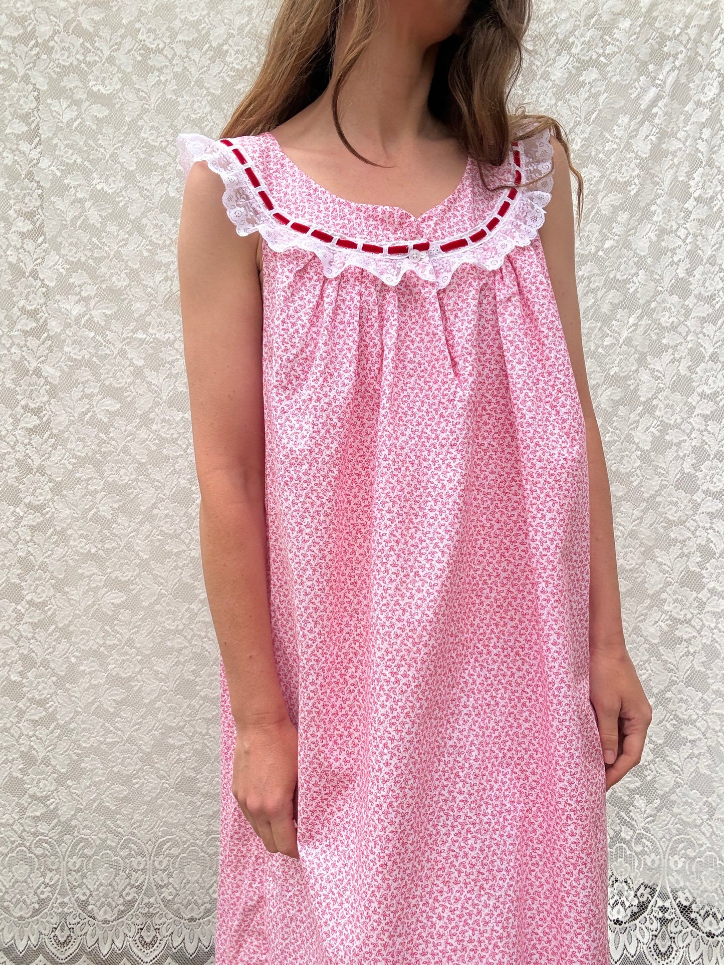 REWORKED DRESS OR NIGHTIE RED FLORAL COTTON 12-14