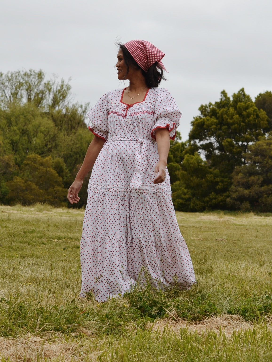 PREORDER - 100% RECYCLED COTTON - MORNING SONG HAND SMOCKED TIERED DRESS - STRAWBERRY EMBROIDERED COTTON