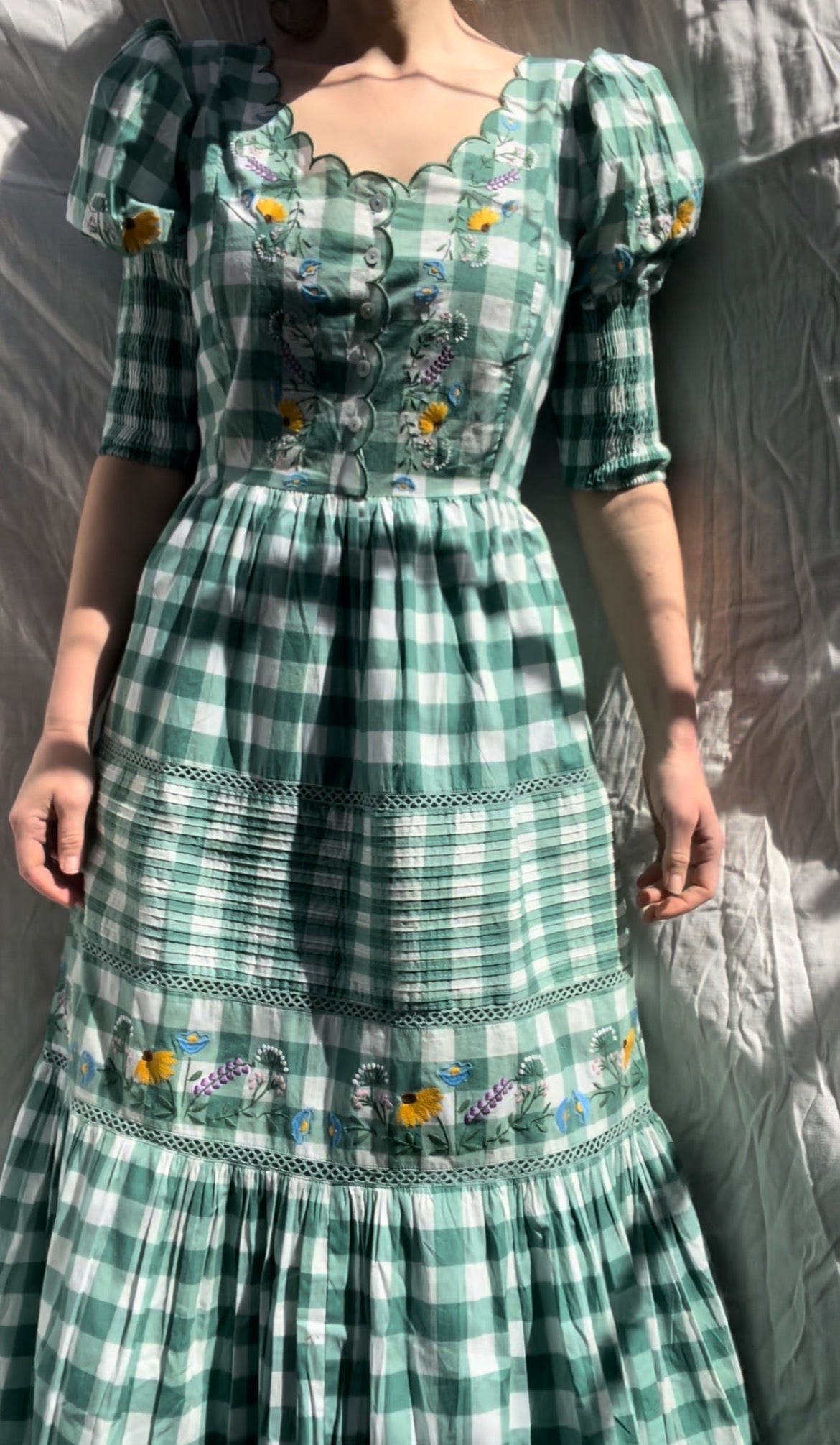 100% RECYCLED COTTON - AUGUSTINE MAXI DRESS GREEN GINGHAM GARDEN ANKOA 100% RECYCLED COTTON - AUGUSTINE MAXI DRESS GREEN GINGHAM GARDEN ANKOA