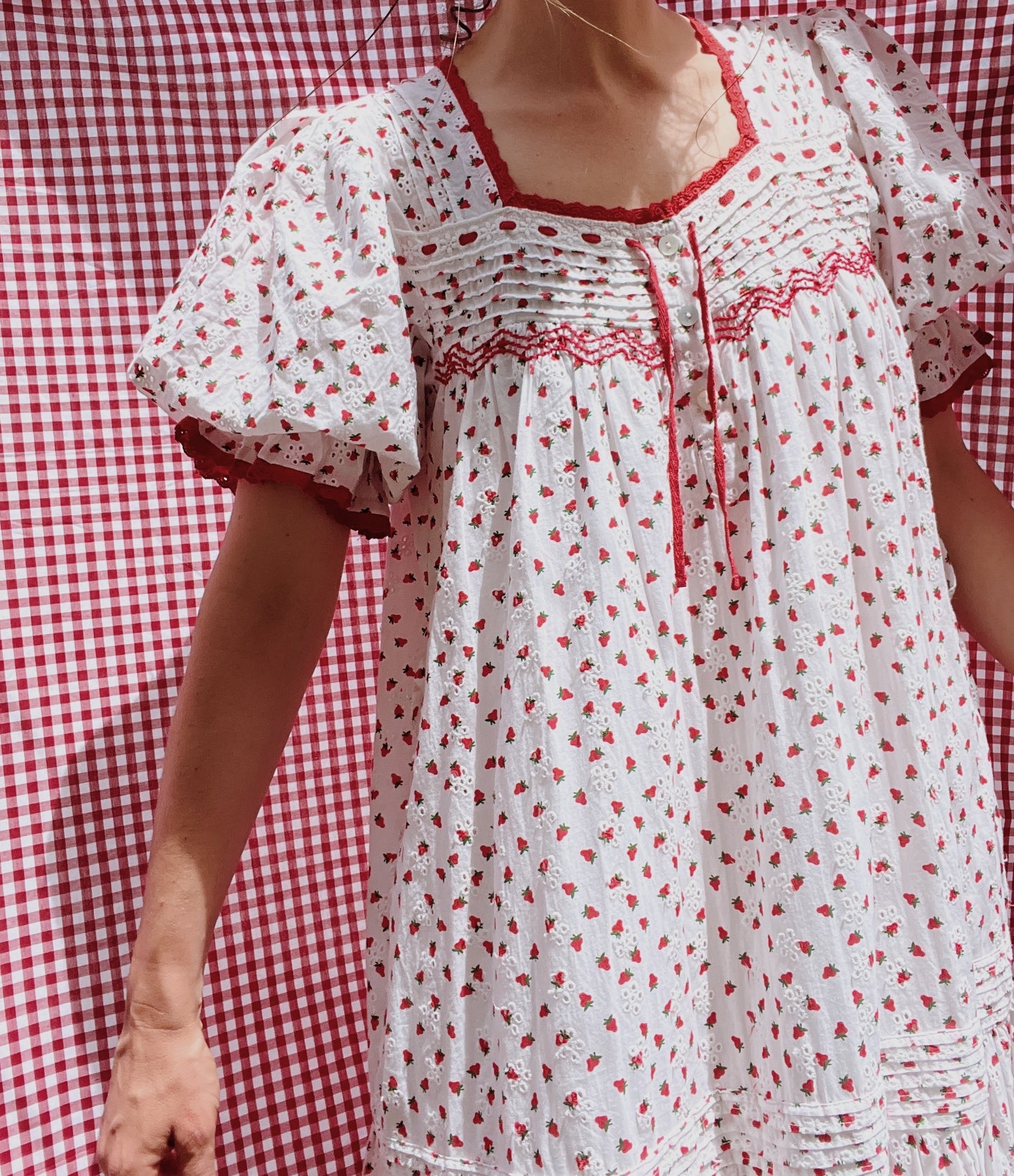 PREORDER - 100% RECYCLED COTTON - MORNING SONG HAND SMOCKED TIERED DRESS - STRAWBERRY EMBROIDERED COTTON