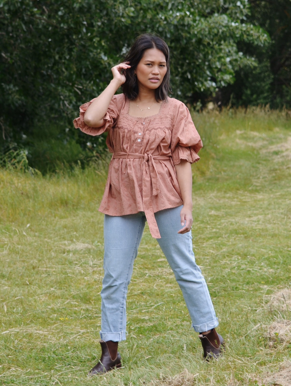 100% RECYCLED COTTON - MORNING SONG HAND SMOCKED BLOUSE ANTIQUE BROWN - SMALL