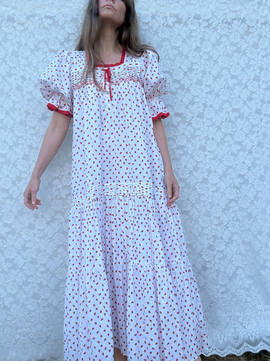 100% RECYCLED COTTON - MORNING SONG HAND SMOCKED TIERED DRESS - STRAWBERRY EMBROIDERED COTTON
