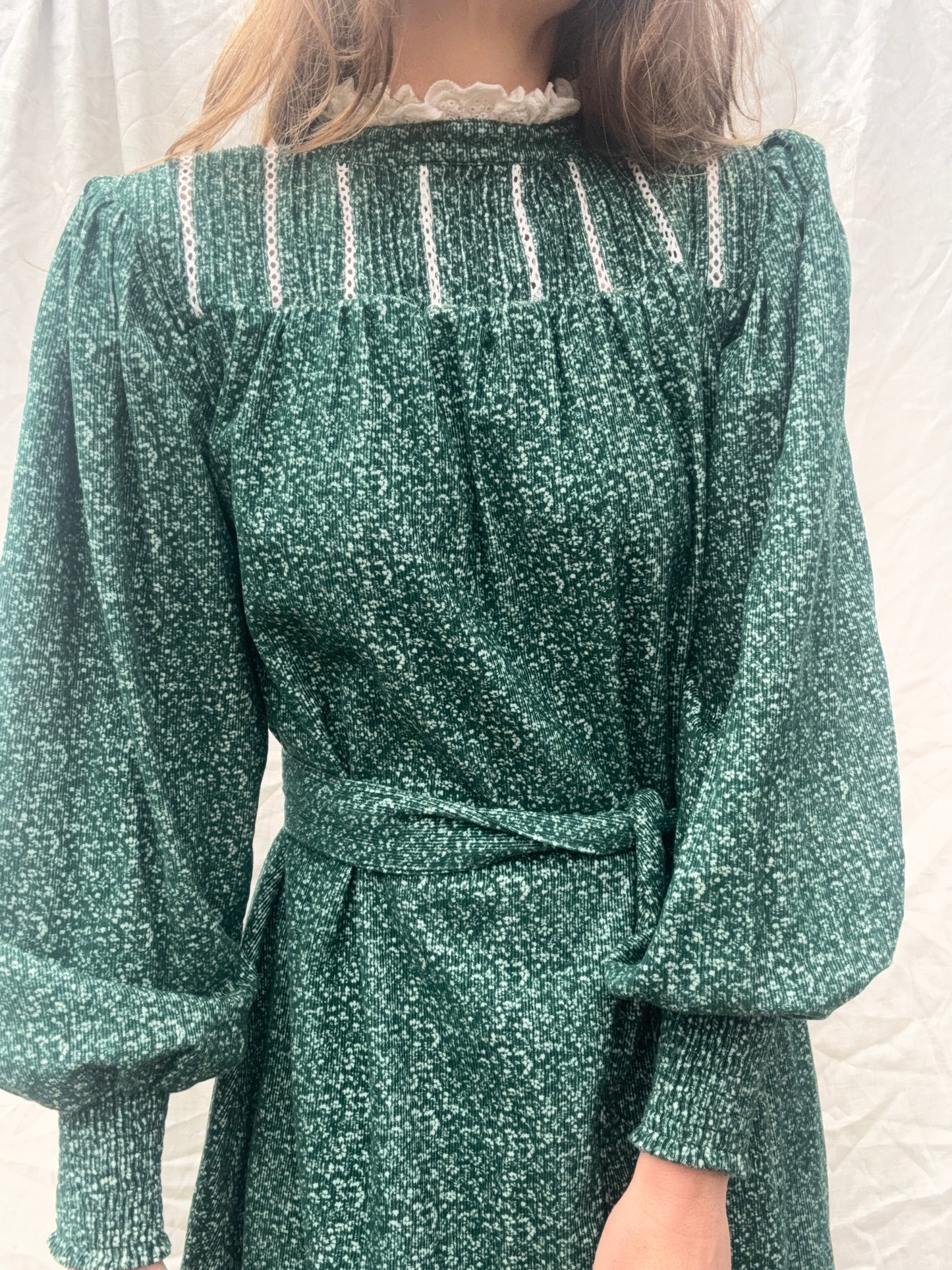 PRELOVED - 100% RECYCLED COTTON CORDUROY - CLOTHILDE DRESS FOREST GREEN MIDI XS