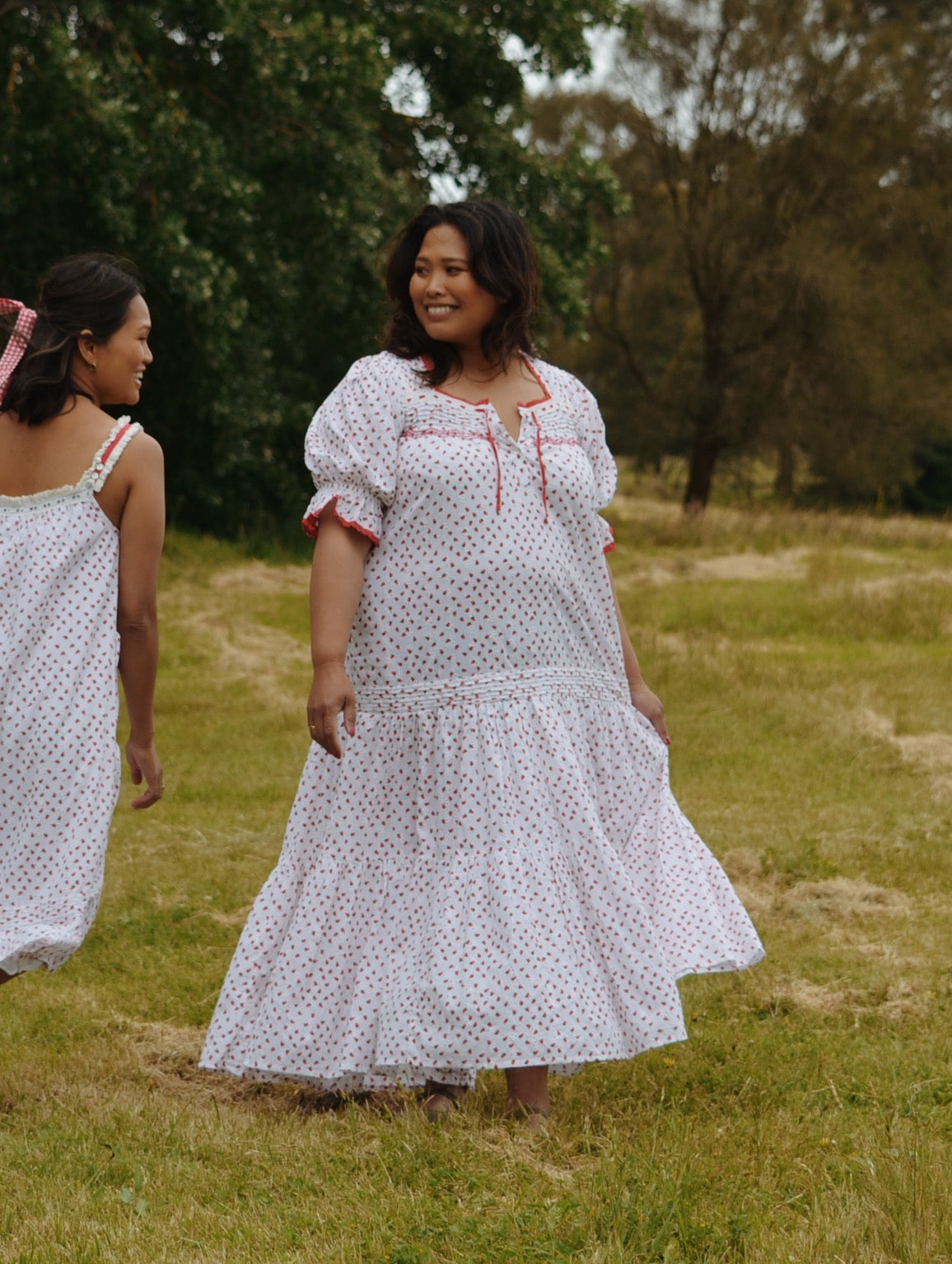 PREORDER - 100% RECYCLED COTTON - MORNING SONG HAND SMOCKED TIERED DRESS - STRAWBERRY EMBROIDERED COTTON