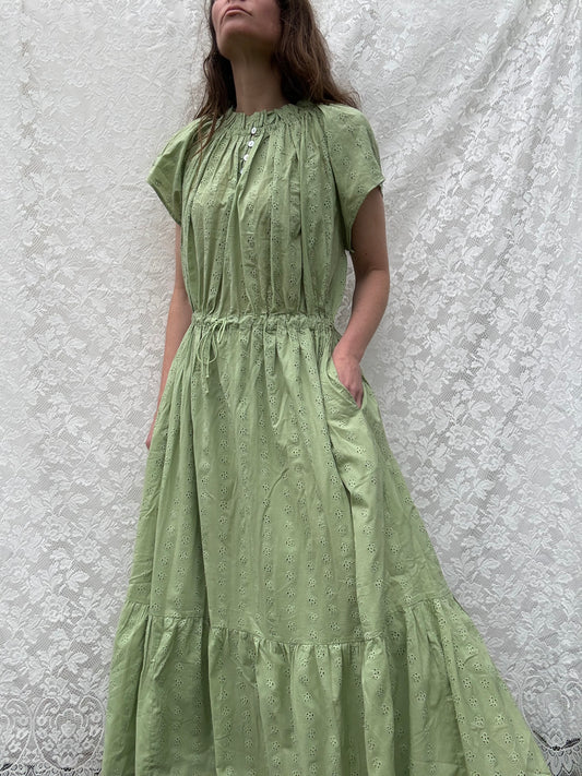 PRELOVED 100% RECYCLED COTTON - ISABEL DRESS SAGE COTTON LACE LARGE