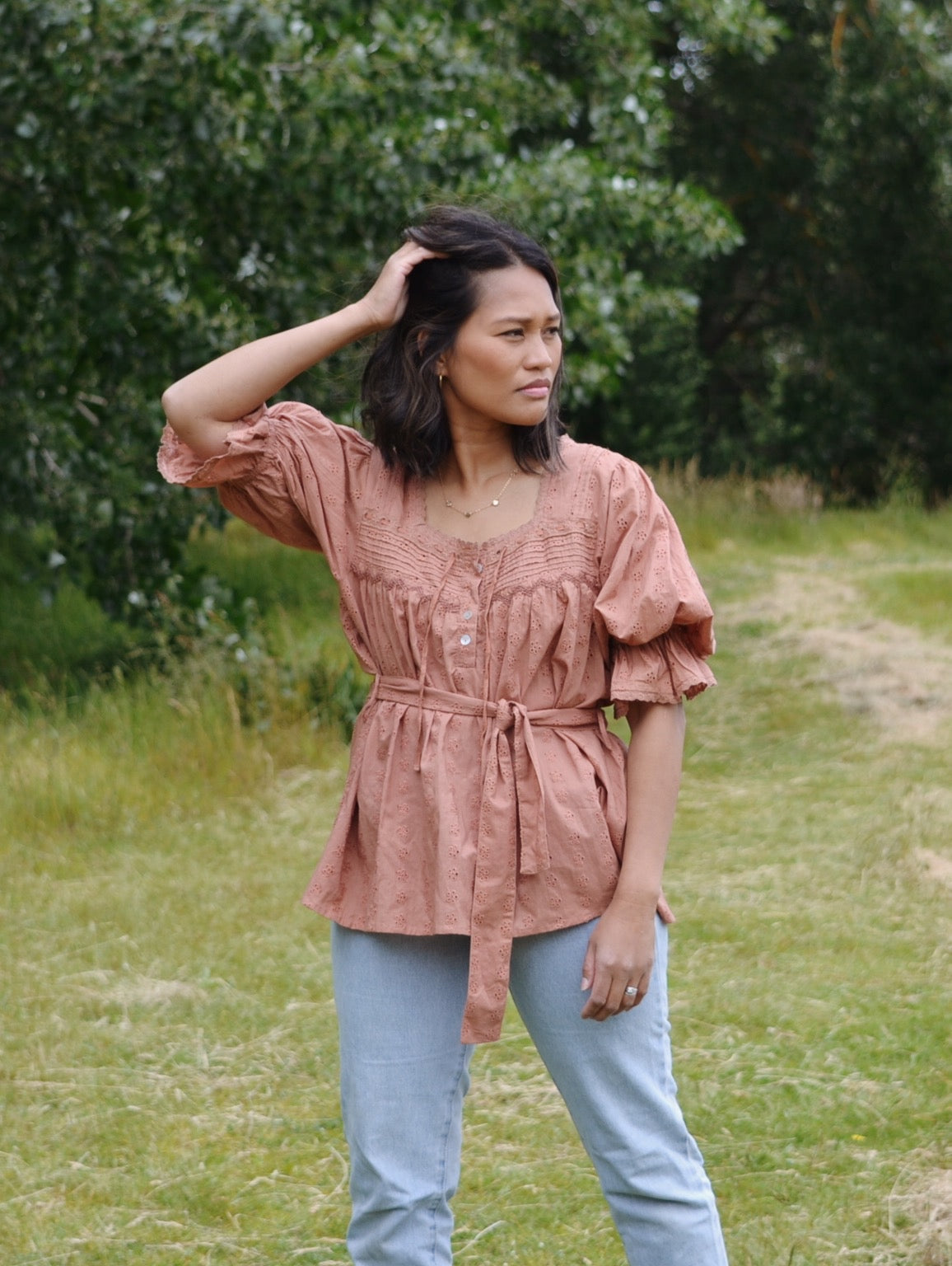 100% RECYCLED COTTON - MORNING SONG HAND SMOCKED BLOUSE ANTIQUE BROWN - SMALL