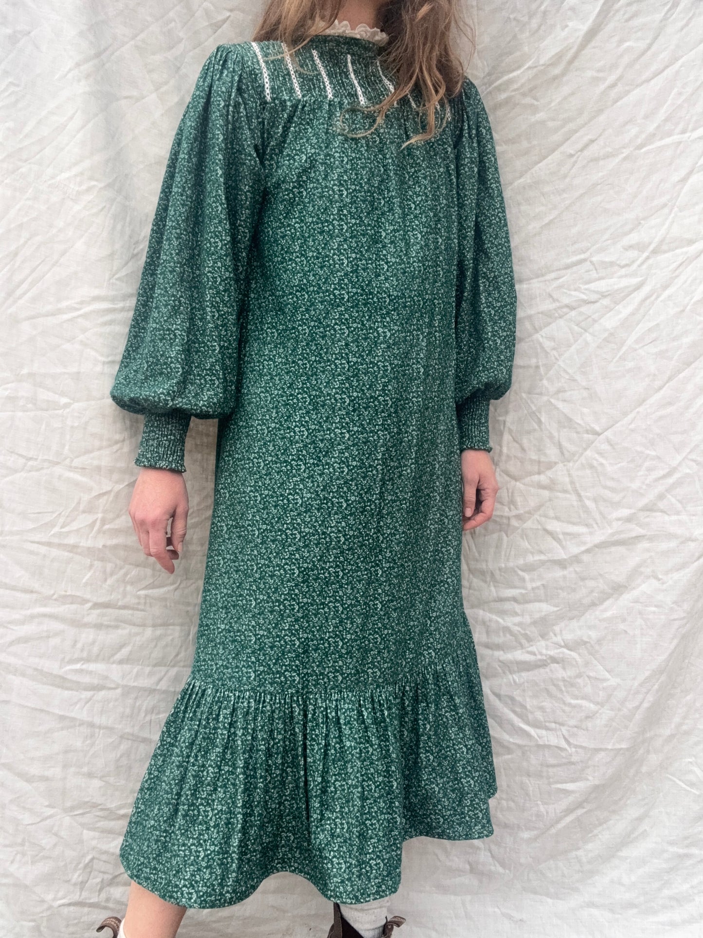 PRELOVED - 100% RECYCLED COTTON CORDUROY - CLOTHILDE DRESS FOREST GREEN MIDI XS