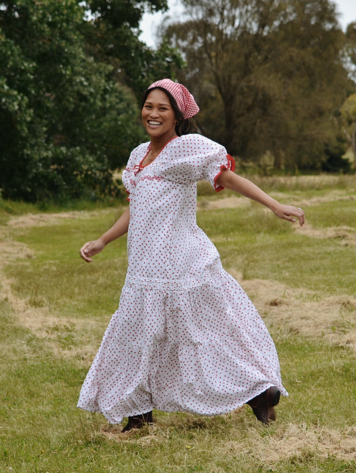 PREORDER - 100% RECYCLED COTTON - MORNING SONG HAND SMOCKED TIERED DRESS - STRAWBERRY EMBROIDERED COTTON