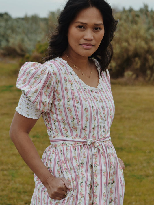 SECOND - 100% RECYCLED COTTON - AURELIA DRESS IN ROSE VINTAGE WALLPAPER