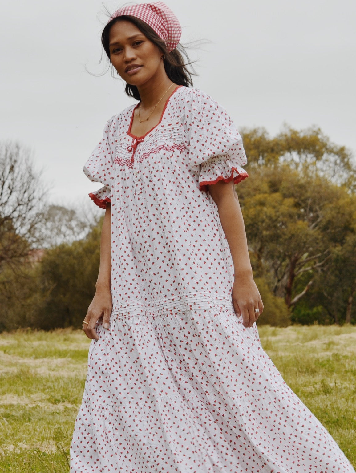 READY TO SHIP - 100% RECYCLED COTTON - MORNING SONG HAND SMOCKED TIERED DRESS - STRAWBERRY EMBROIDERED COTTON