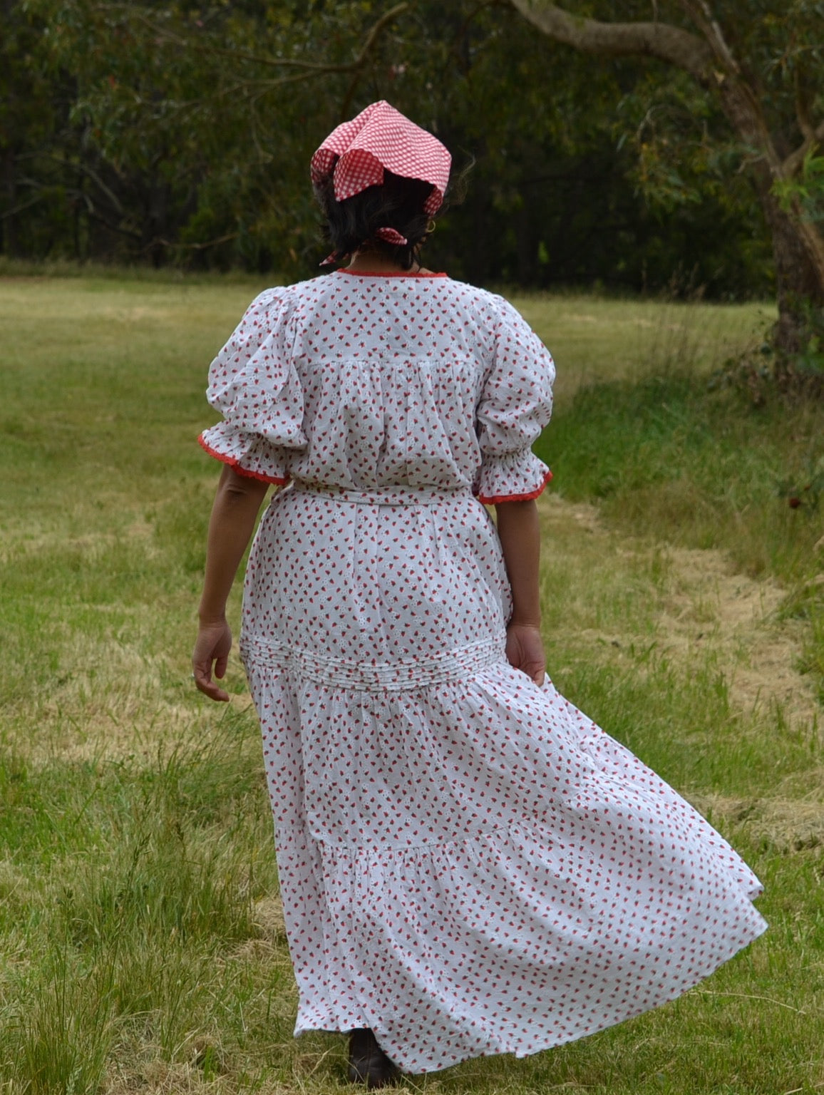 PREORDER - 100% RECYCLED COTTON - MORNING SONG HAND SMOCKED TIERED DRESS - STRAWBERRY EMBROIDERED COTTON
