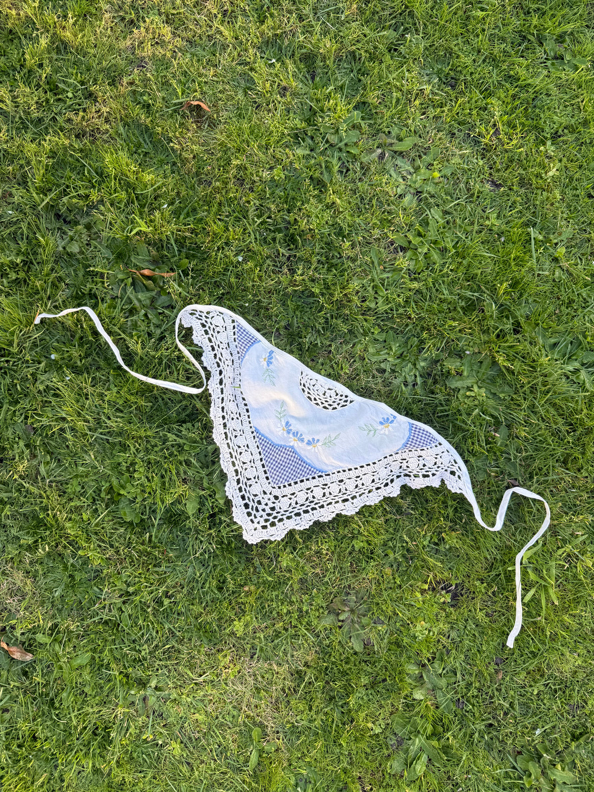 REWORKED - CROCHET BLUE GINGHAM HEAD SCARF WITH DAISIES CALICO