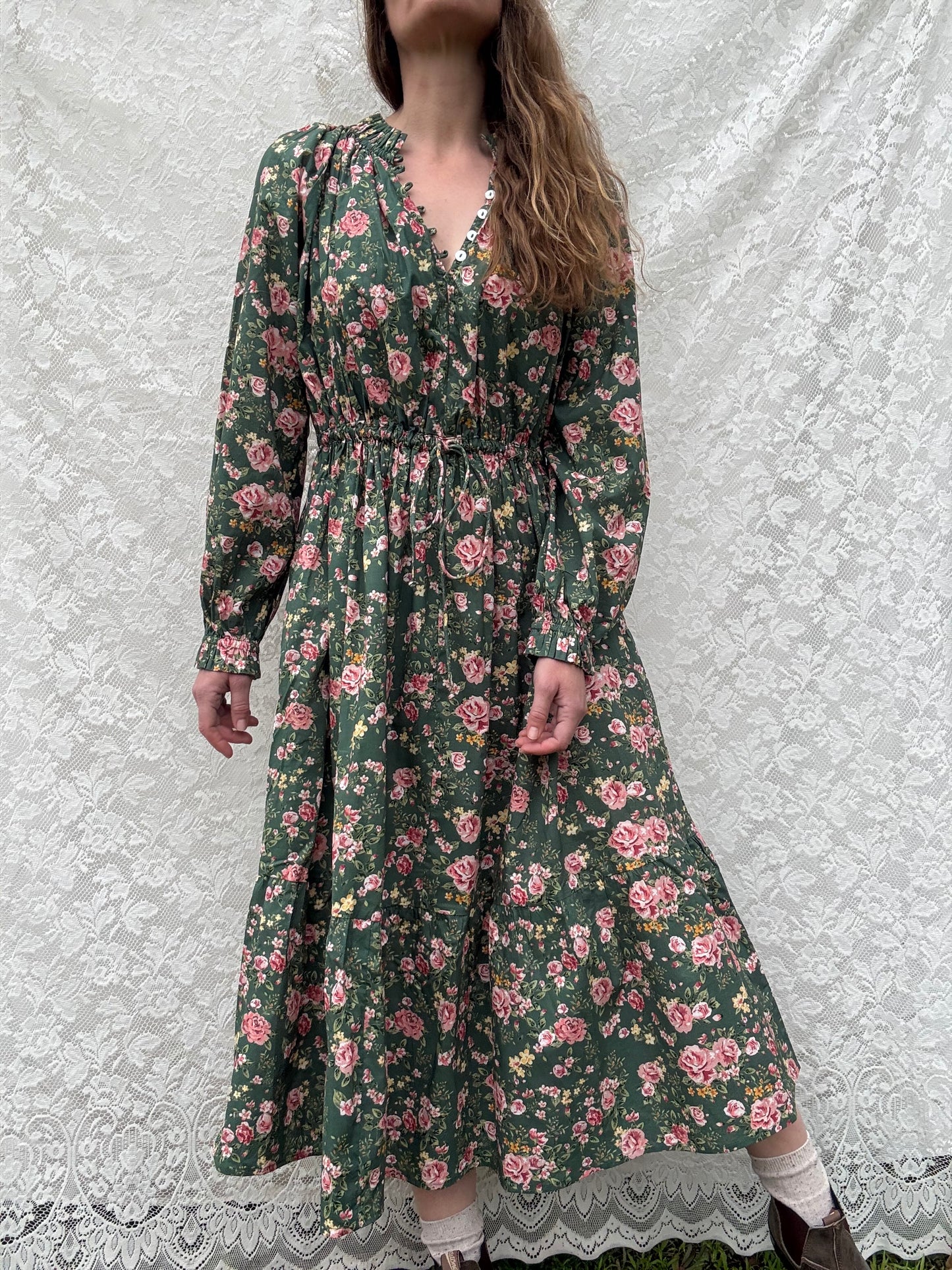 PRELOVED 100% RECYCLED COTTON - PRAIRIE DRESS DARK SAGE ROSE SMALL