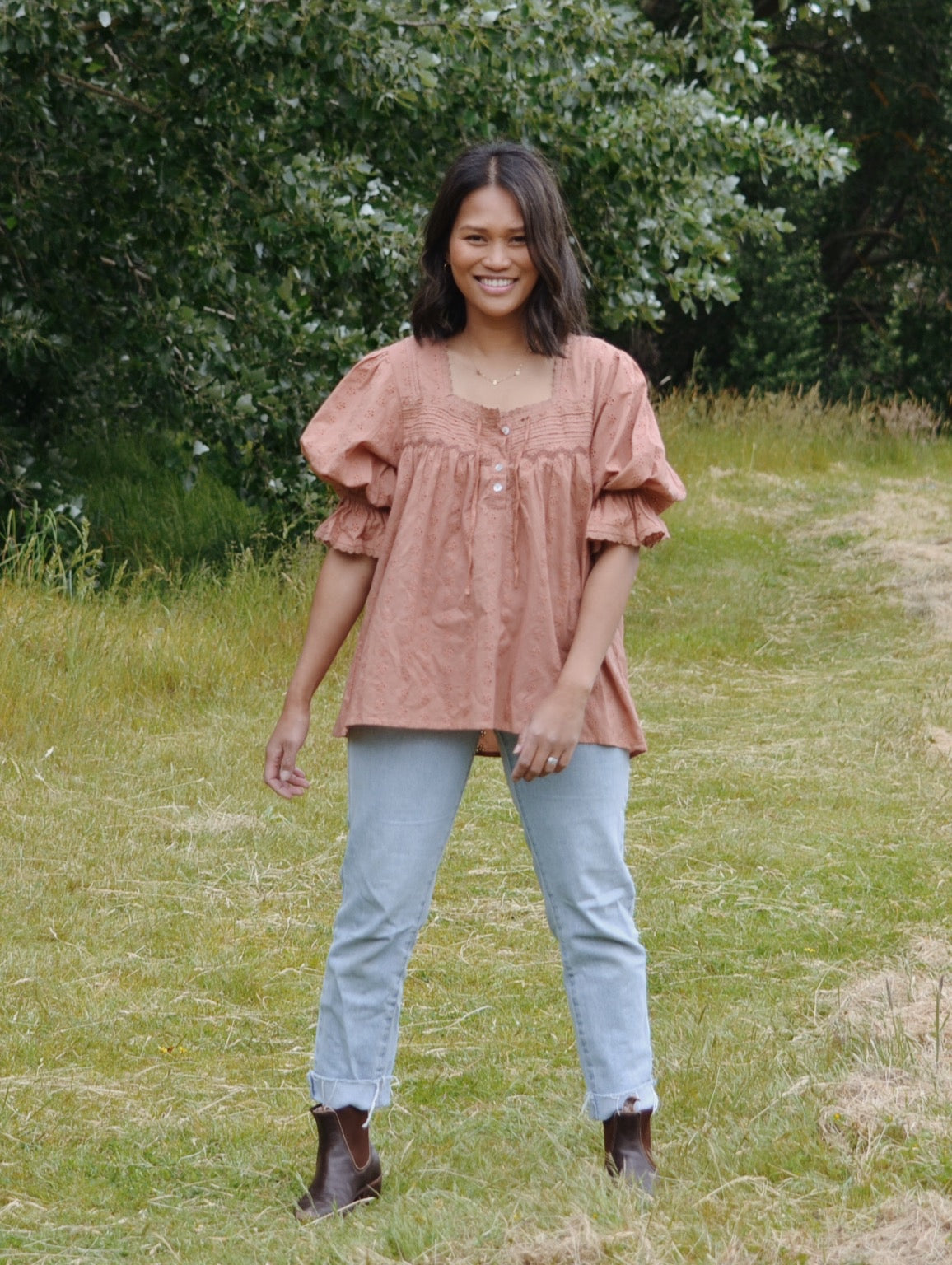 100% RECYCLED COTTON - MORNING SONG HAND SMOCKED BLOUSE ANTIQUE BROWN - SMALL