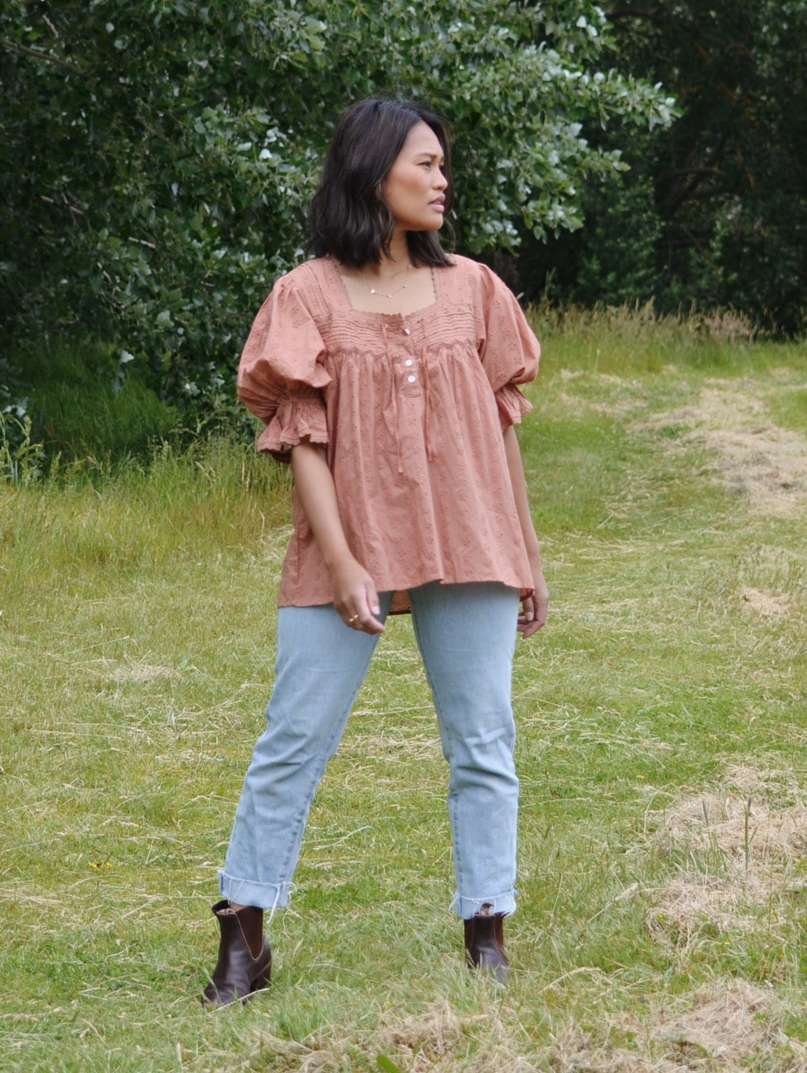 100% RECYCLED COTTON - MORNING SONG HAND SMOCKED BLOUSE ANTIQUE BROWN - SMALL