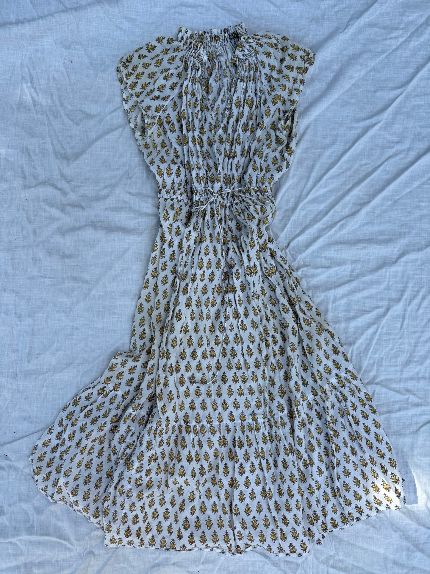 PRELOVED - ISABEL SAND HAND BLOCK STAMP DRESS - SMALL