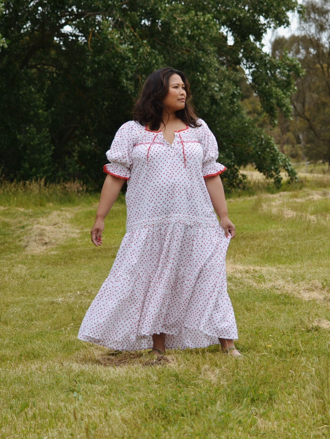 PREORDER - 100% RECYCLED COTTON - MORNING SONG HAND SMOCKED TIERED DRESS - STRAWBERRY EMBROIDERED COTTON