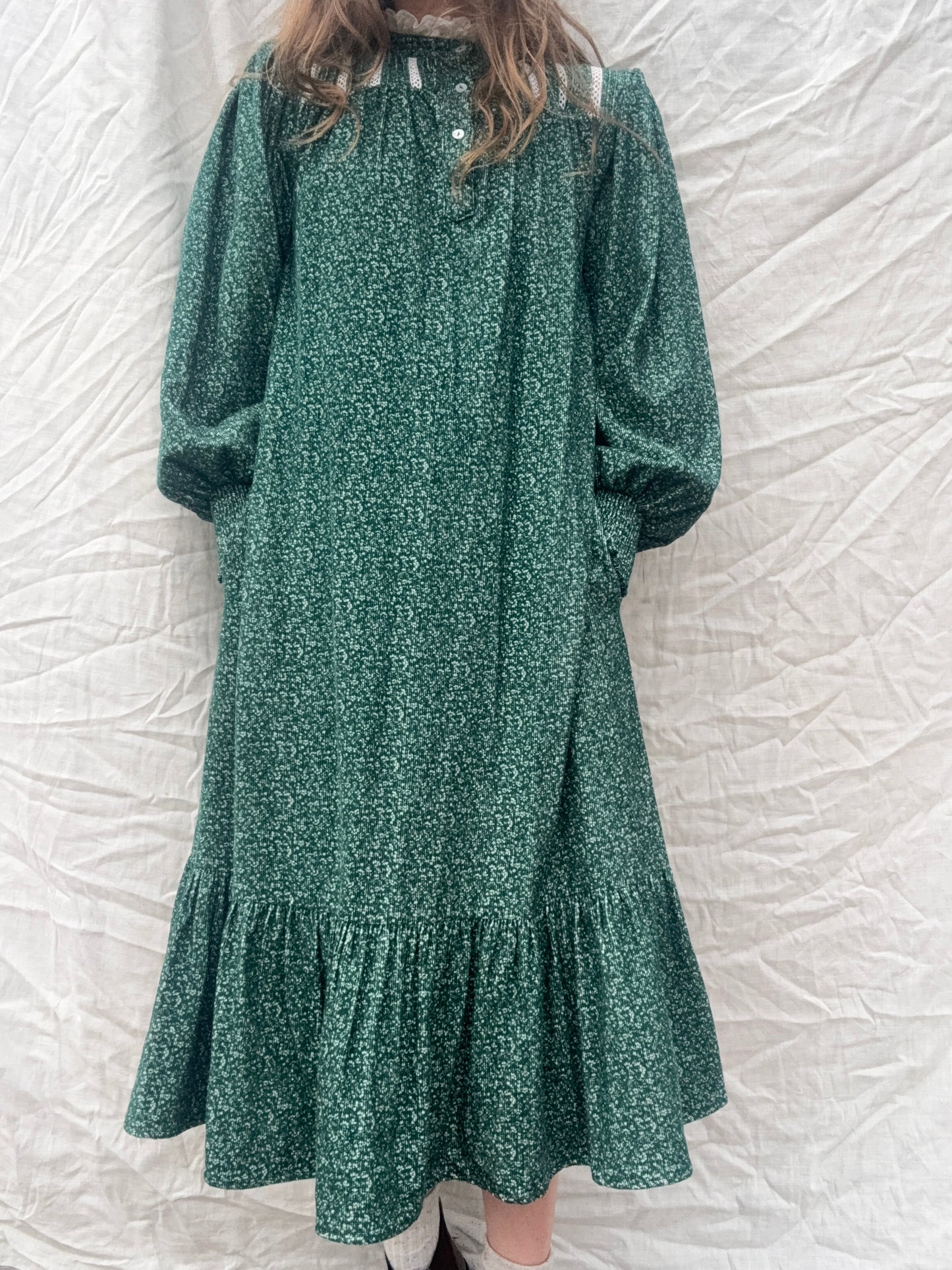 PRELOVED - 100% RECYCLED COTTON CORDUROY - CLOTHILDE DRESS FOREST GREEN MIDI XS