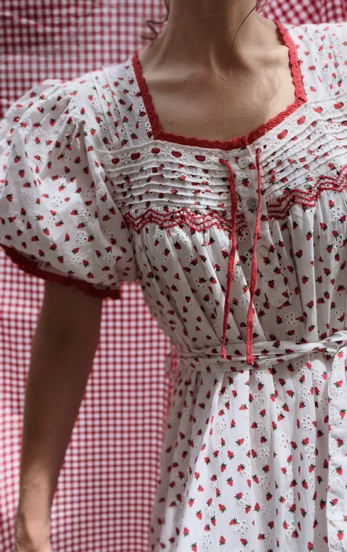 PREORDER - 100% RECYCLED COTTON - MORNING SONG HAND SMOCKED TIERED DRESS - STRAWBERRY EMBROIDERED COTTON