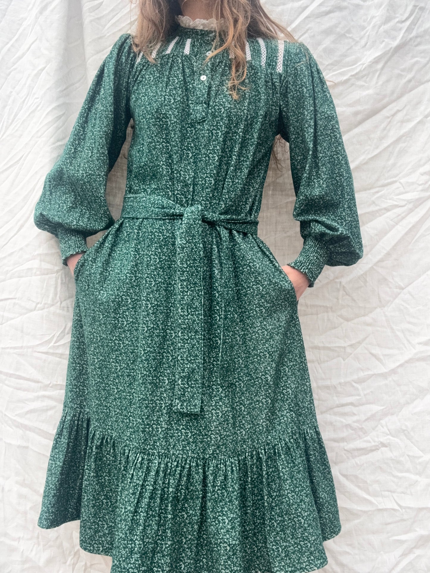 PRELOVED - 100% RECYCLED COTTON CORDUROY - CLOTHILDE DRESS FOREST GREEN MIDI XS