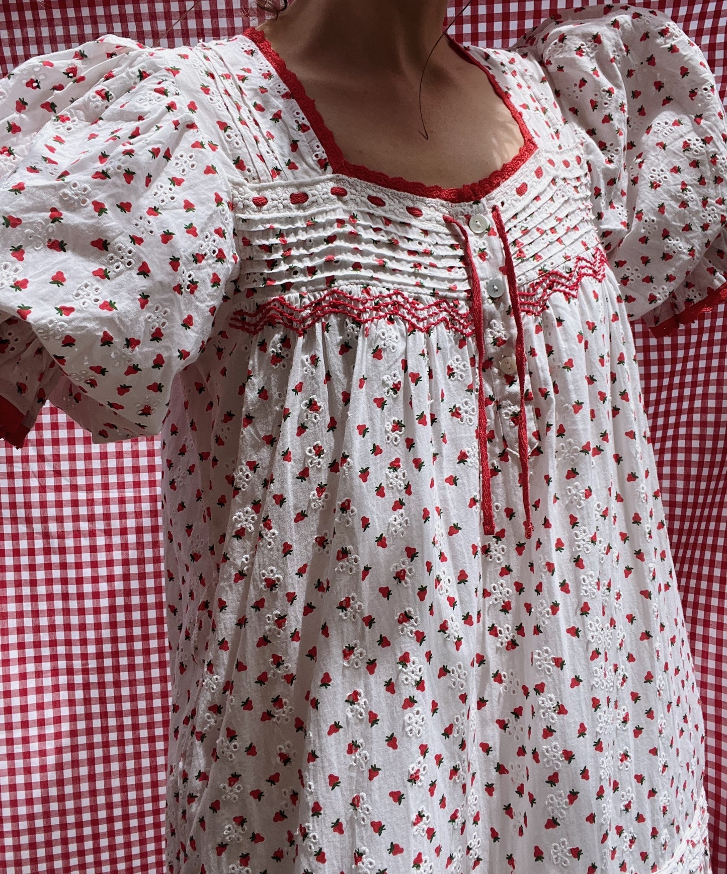 PREORDER - 100% RECYCLED COTTON - MORNING SONG HAND SMOCKED TIERED DRESS - STRAWBERRY EMBROIDERED COTTON