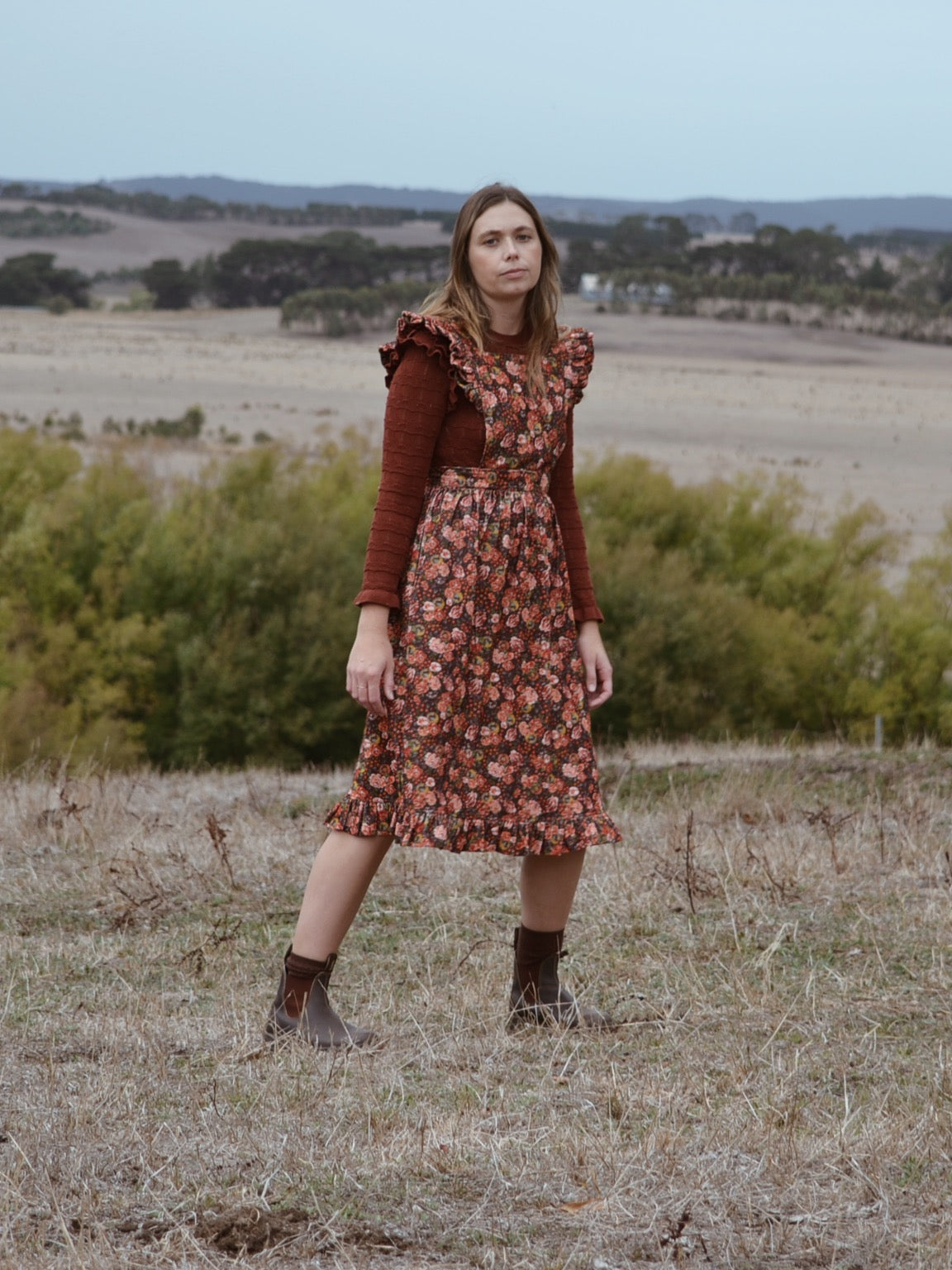 100% RECYCLED COTTON - AUTUMNAL ANOUK RUFFLE PINAFORE/SKIRT CORDUROY