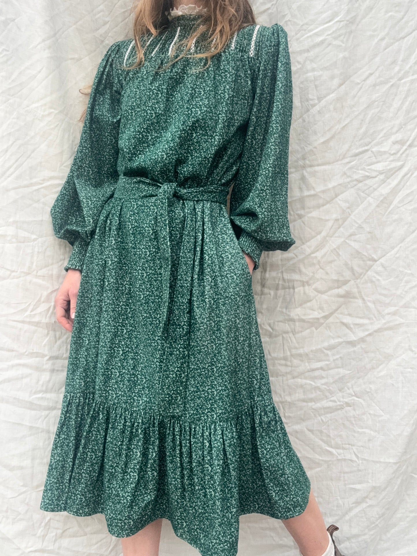 PRELOVED - 100% RECYCLED COTTON CORDUROY - CLOTHILDE DRESS FOREST GREEN MIDI XS